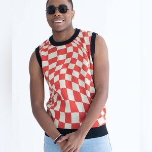 VSTR PREMIUM MENS Red and Cream Checkered Sleeveless Sweater SIZE M